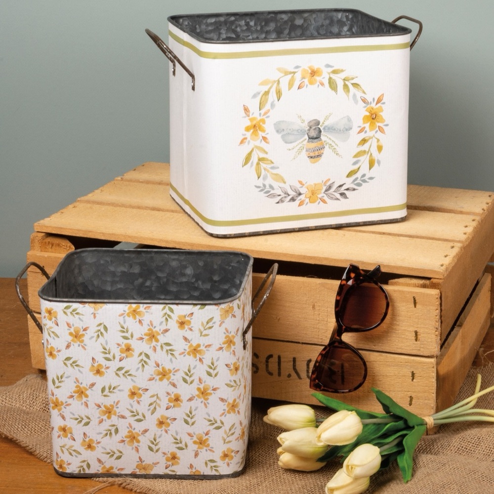 Floral Bee Metal Bins Set of 2 Primitives By Kathy